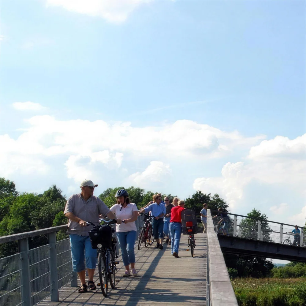 Radfahrer auf der Holzbrücke über die Hammewiesen